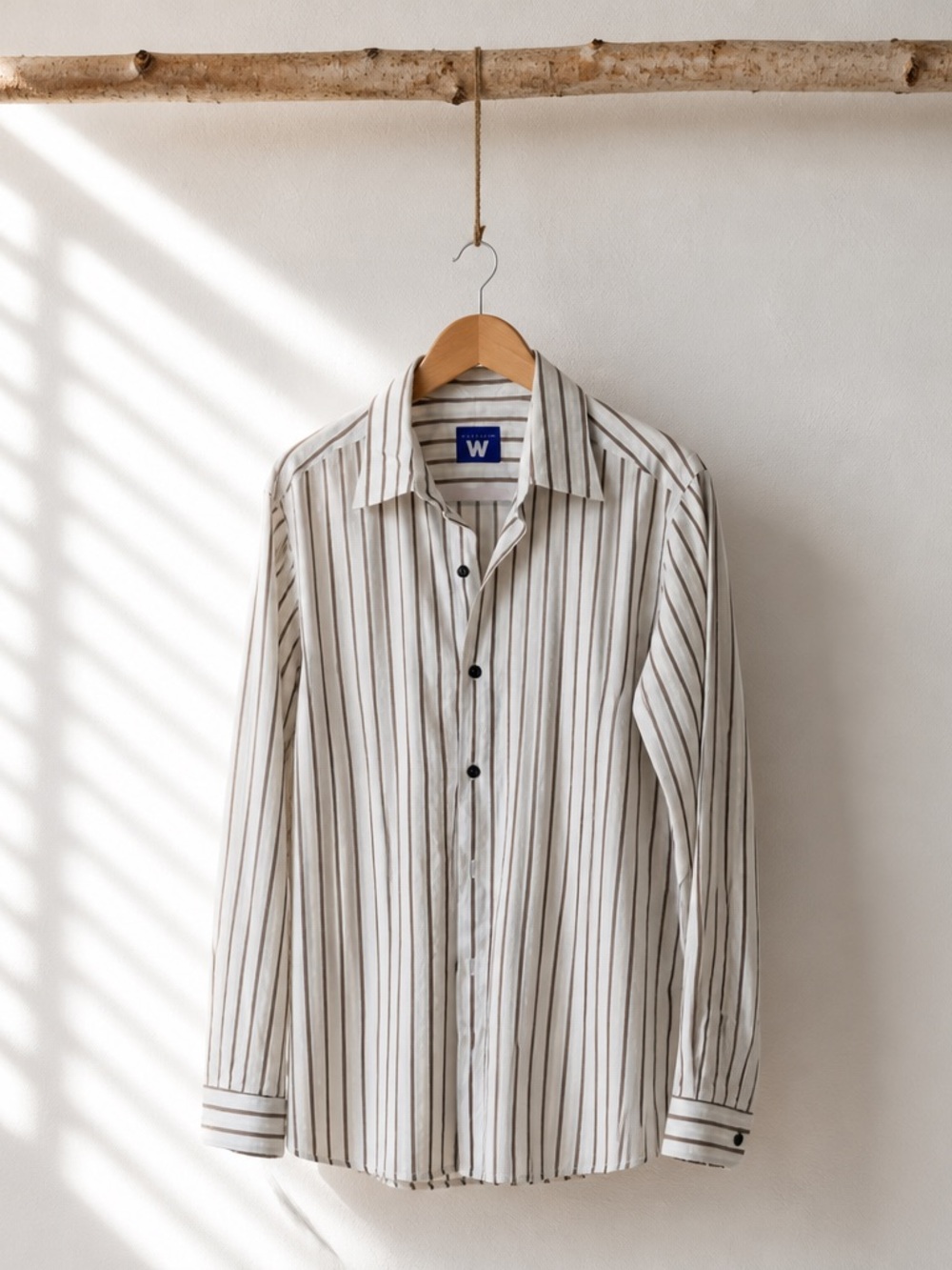 Men’s W Striped Cream Long-Sleeve Dress Shirt